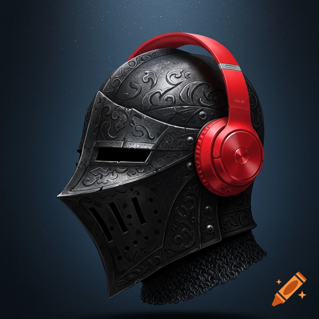 A detailed black knight helmet with intricate engravings, seen in profile, wearing bright red over-ear headphones, against a dark starry background.