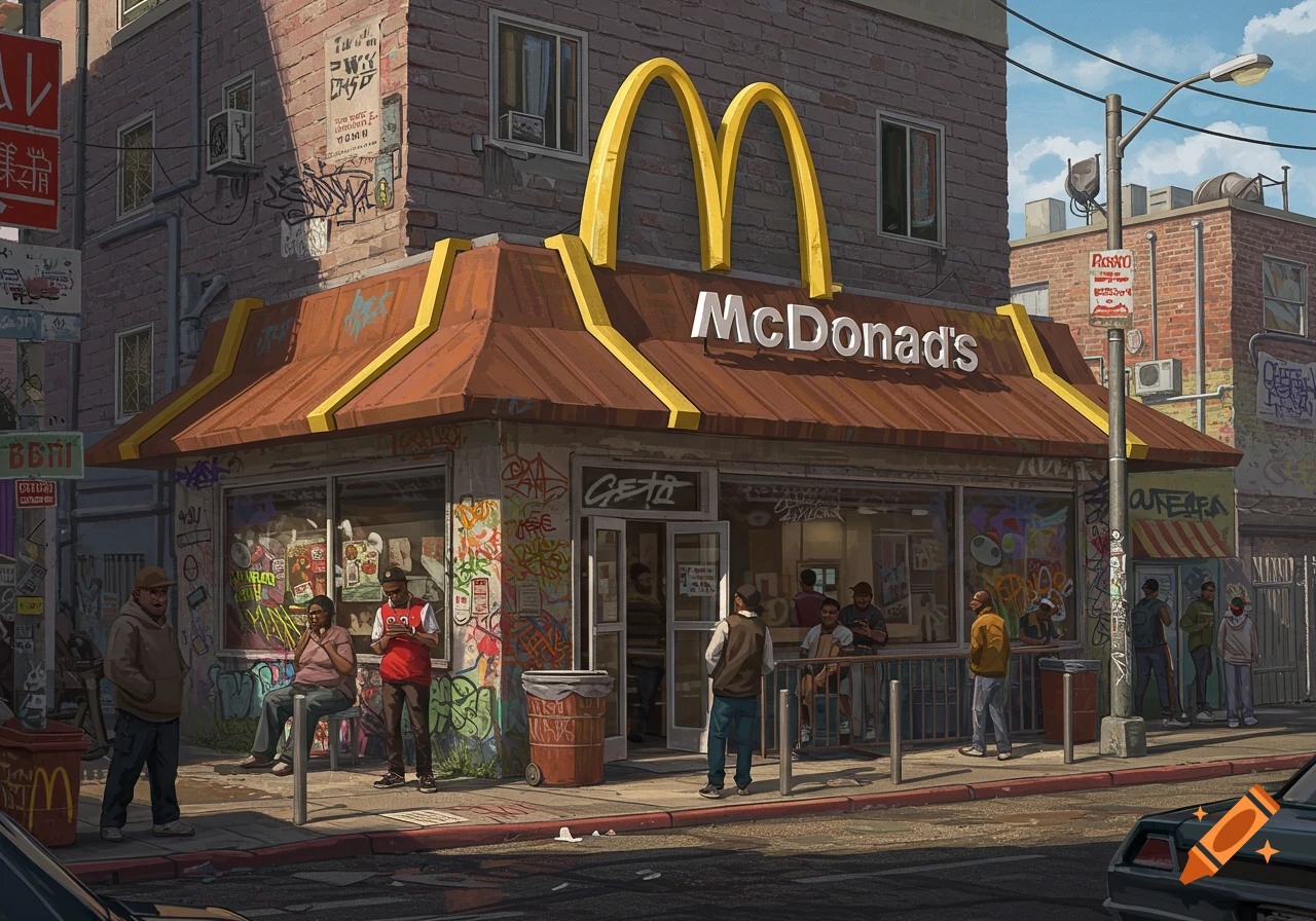 A stylized illustration of a McDonald's restaurant covered in graffiti on a busy urban street with people standing outside.