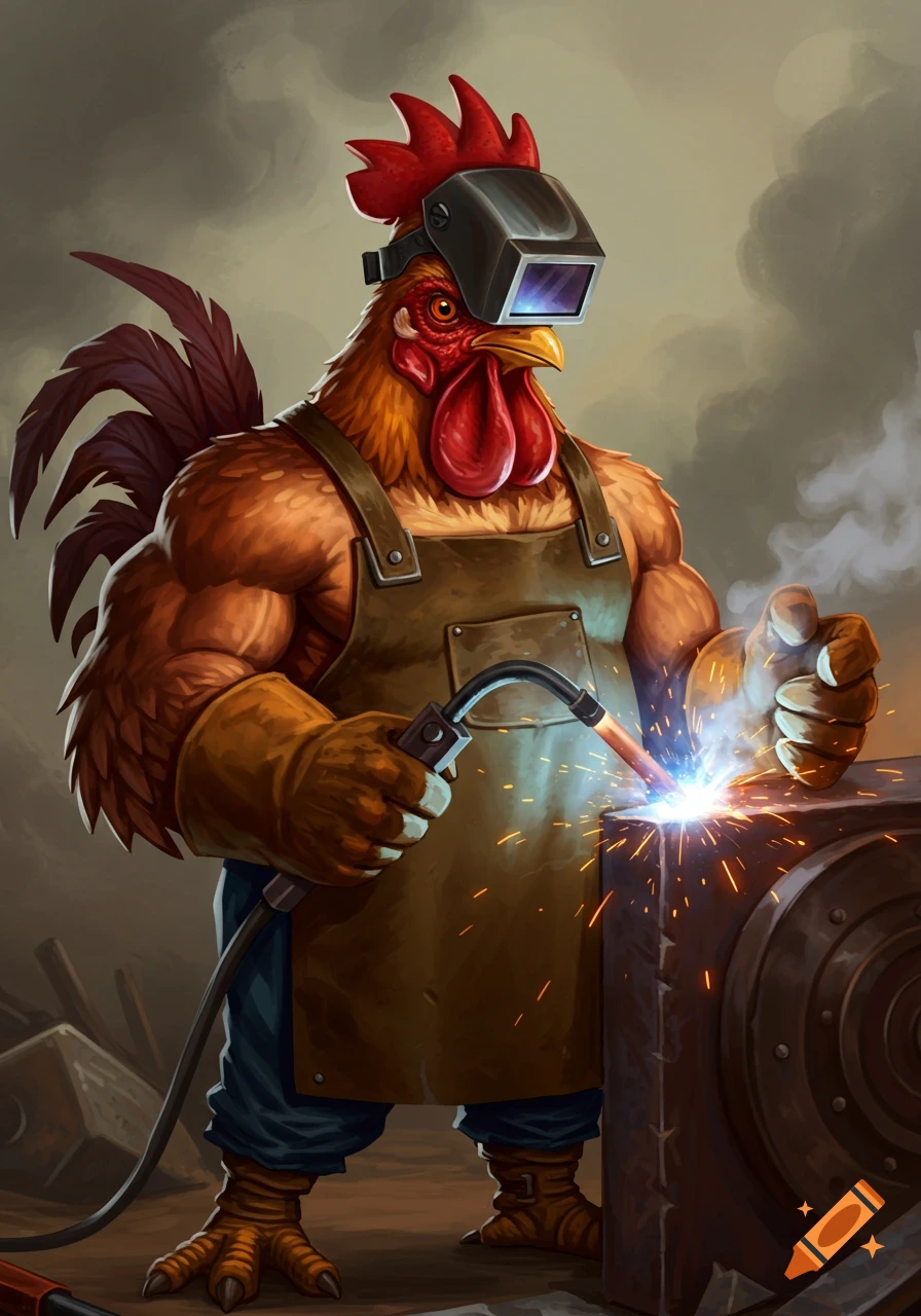A muscular anthropomorphic rooster wearing a welding mask and apron, welding metal with sparks flying, in a cartoonish style.