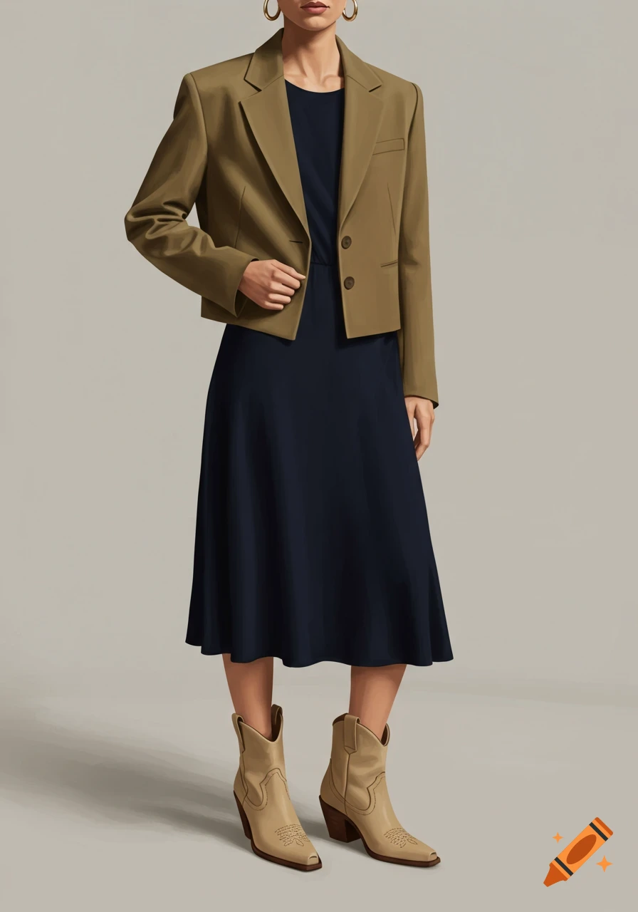 A model wears a navy midi dress, a cropped khaki blazer, and sand-colored cowboy ankle boots.