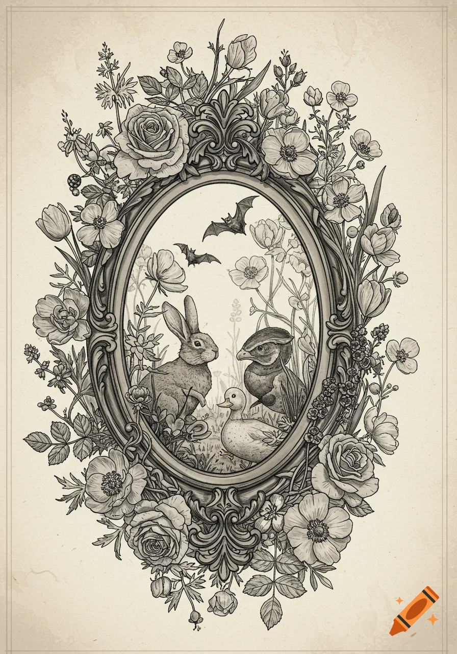 Black and white botanical illustration of an ornate gothic oval frame surrounded by flowers, with a bunny, duck, and bats inside.