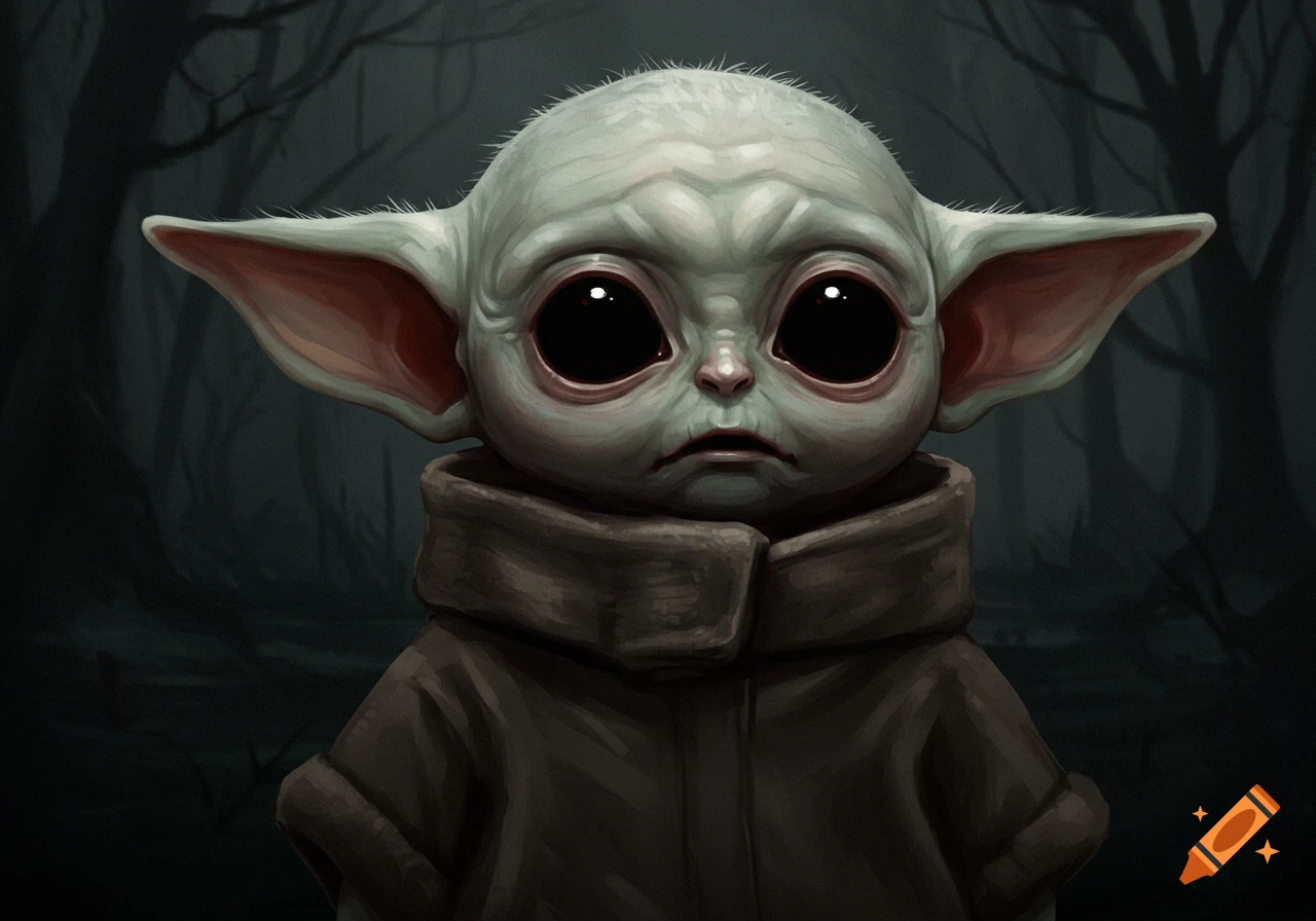 A creepy-looking creature similar to Grogu with large black eyes and a sad expression, wearing a brown robe, standing in a dark forest.