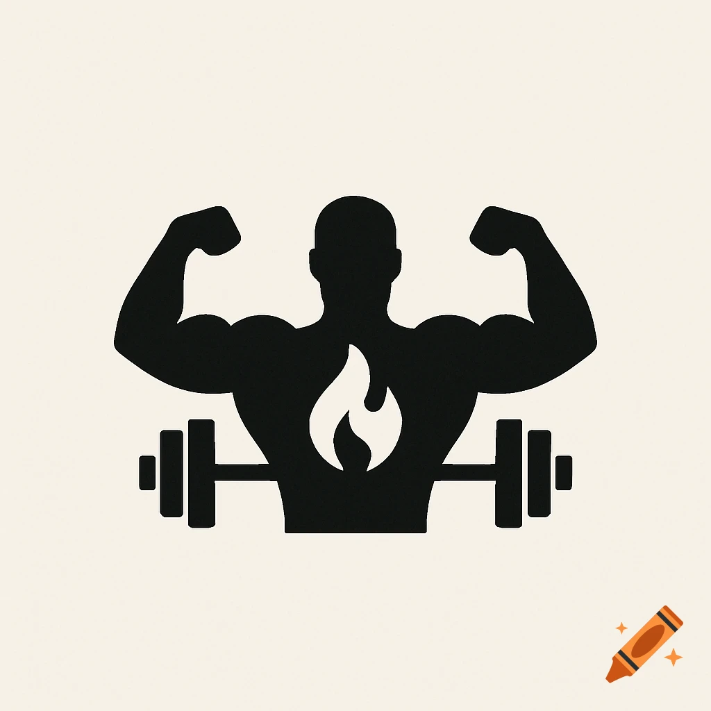 Minimalist black silhouette logo of a flexing bodybuilder with a white flame on his chest and a barbell behind him.