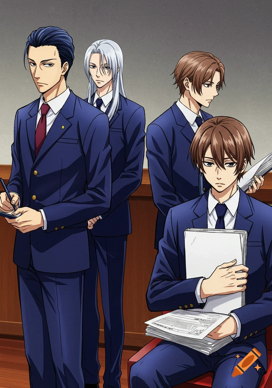 Four male anime characters in navy suits and white shirts. One is writing on a notepad, another holds papers.
