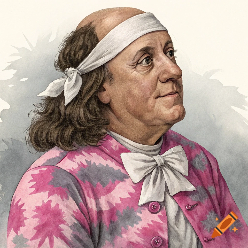 Illustrative portrait of Benjamin Franklin in a pink and gray tie-dye jacket with a white headband and large bow.