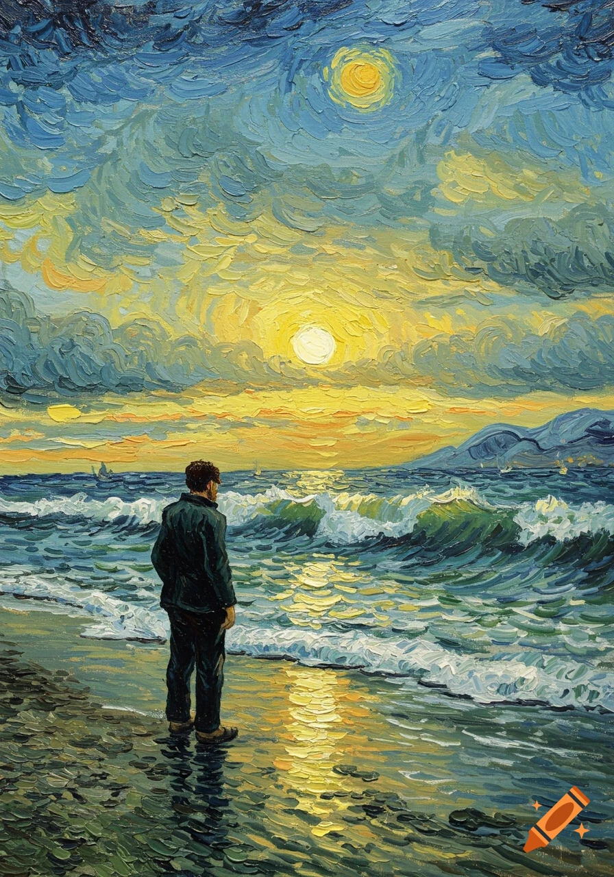 Van Gogh style painting of a man standing on a beach, gazing at a wavy sea under a vibrant sunset sky.