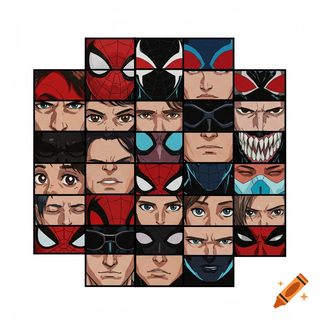A grid of comic book panels showing different versions of Spider-Man and related characters, featuring their eyes, masks, and faces in a pop art style.