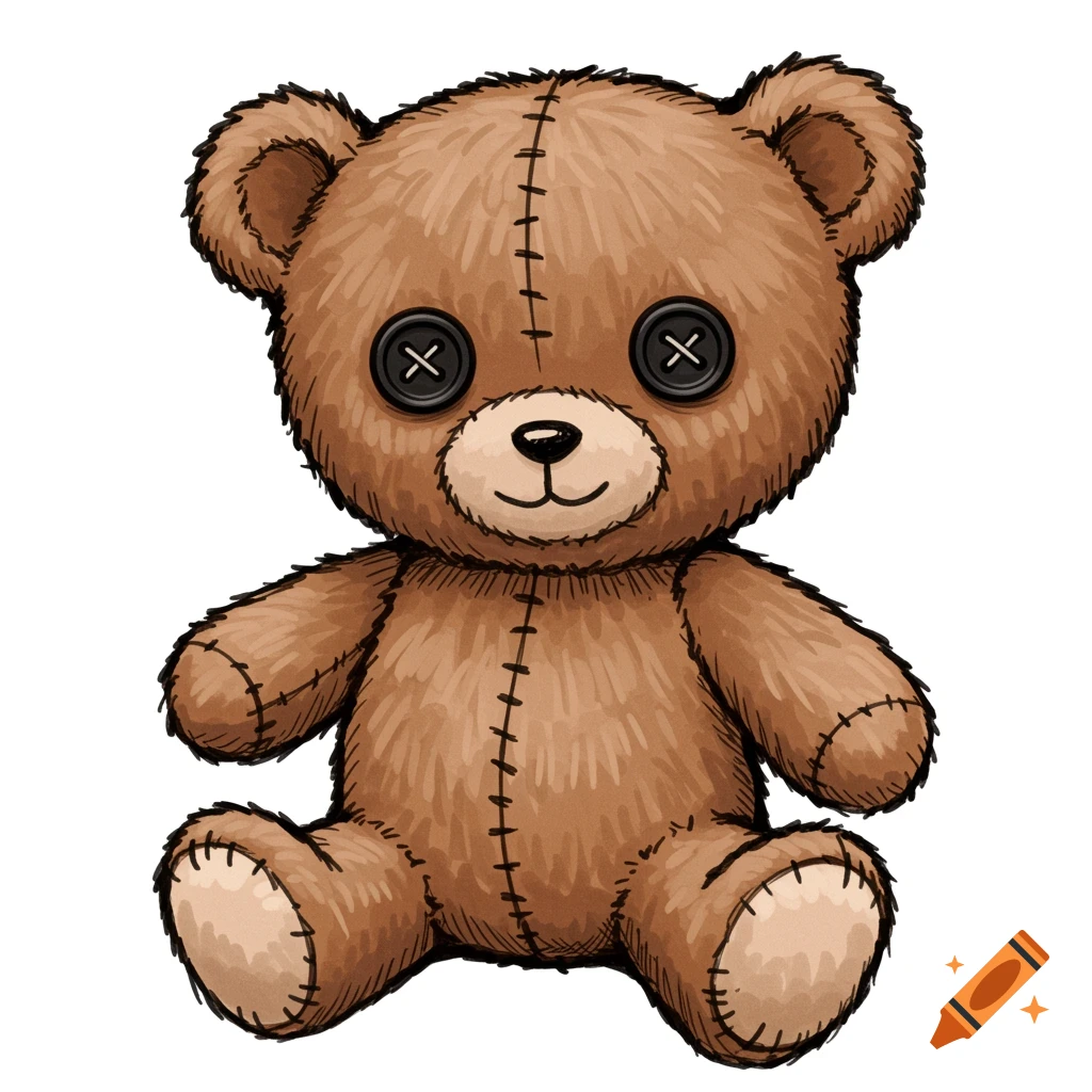 A brown stuffed teddy bear with button eyes and stitched seams, in a drawing style.