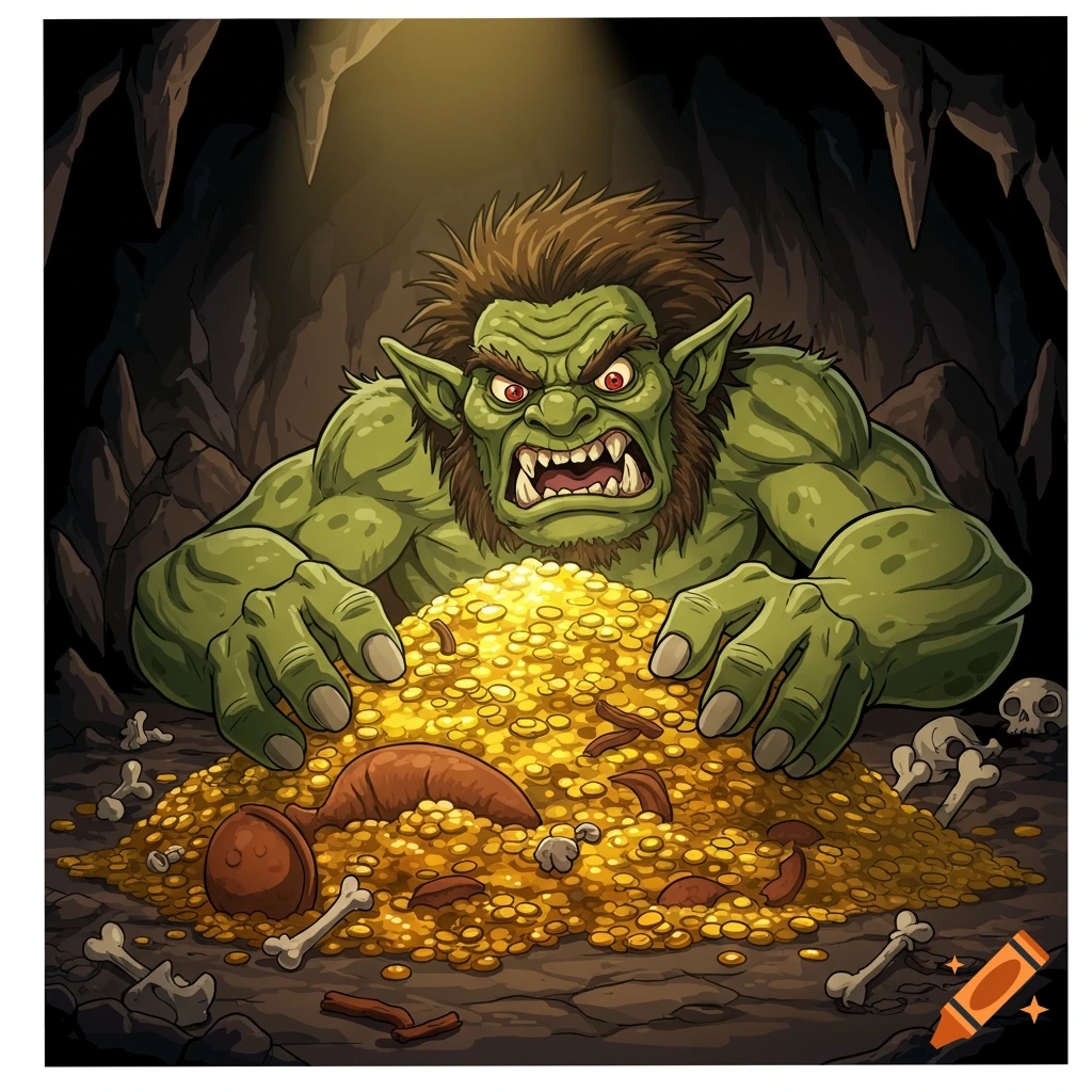 A cartoon illustration of an angry green troll guarding a large pile of gold coins, bones, and other items in a dark cave.