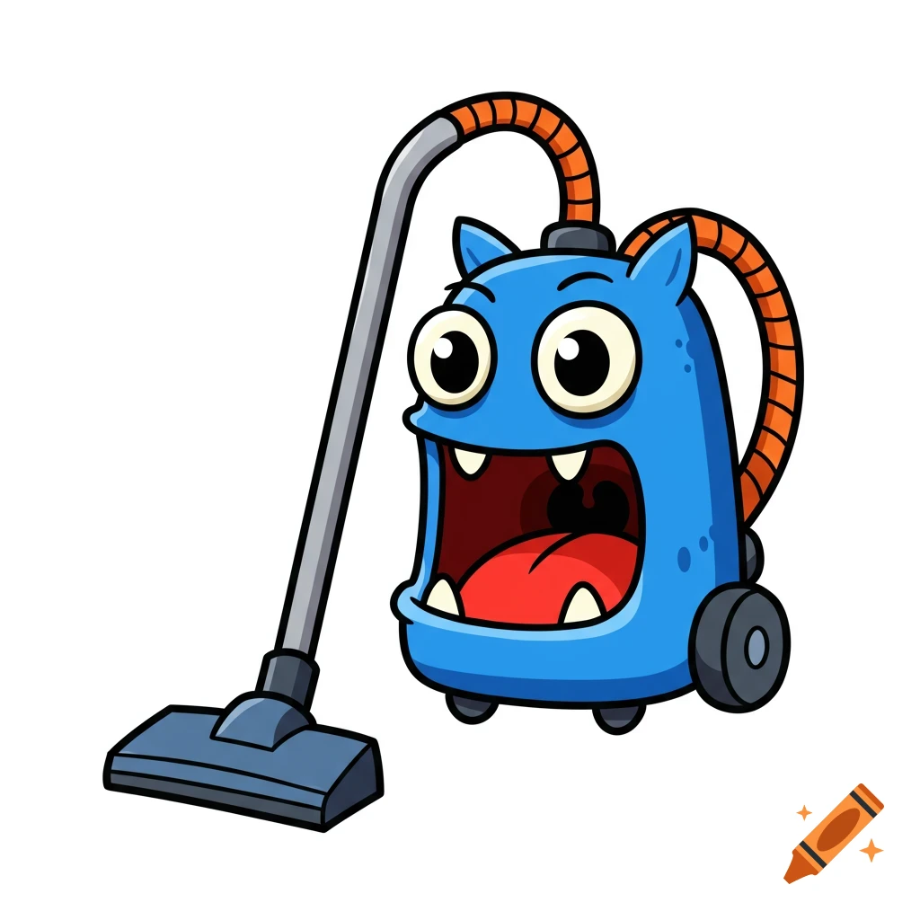 A blue cartoon monster designed as a vacuum cleaner with big eyes, a wide open mouth, and an orange hose.