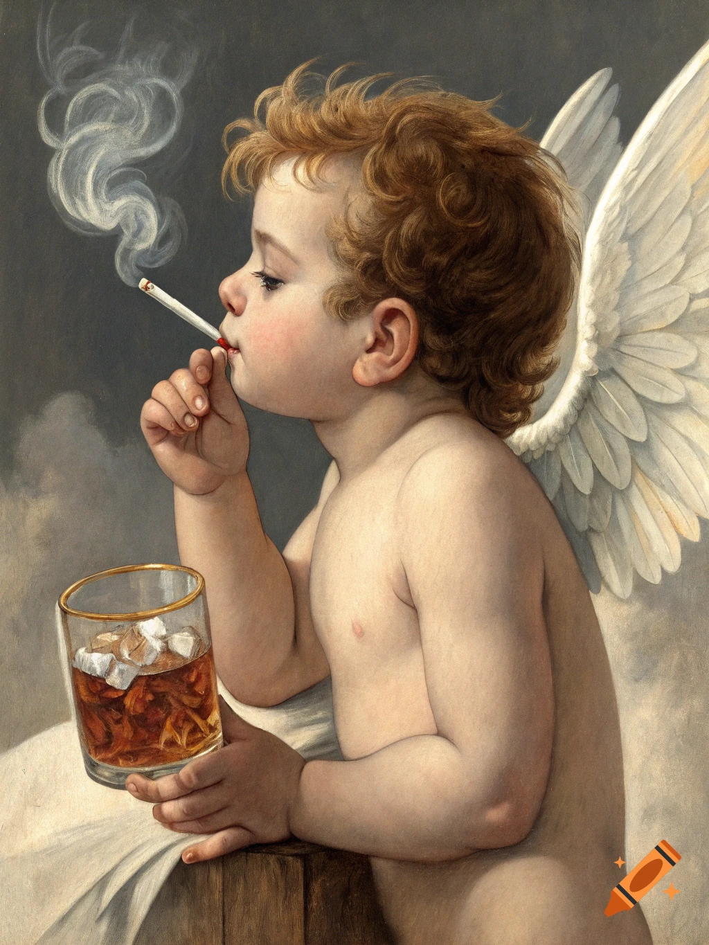 angel smoking a cigarette A classical painting of a cherub with red curly hair and wings, smoking a  cigarette and holding a glass of amber liquid with ice. on Craiyon