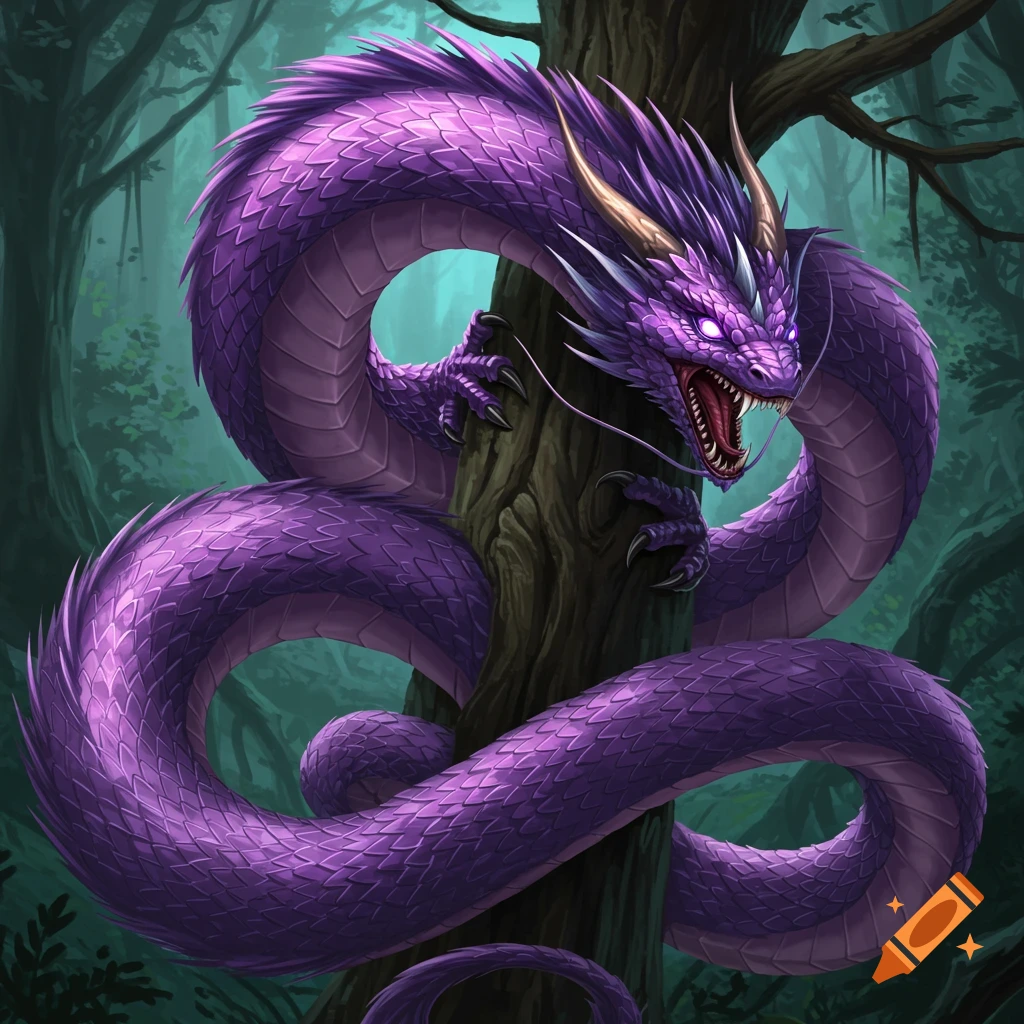 A fierce purple dragon with glowing eyes coils around a tree trunk in a lush green forest, depicted in a detailed fantasy art style.