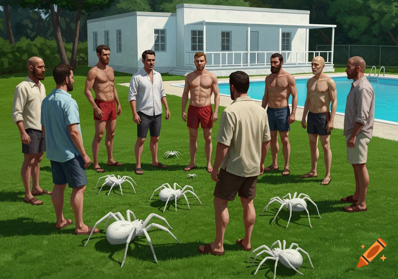 A group of men stand in a circle on a green lawn, looking at several large white spiders near a swimming pool and a white building.