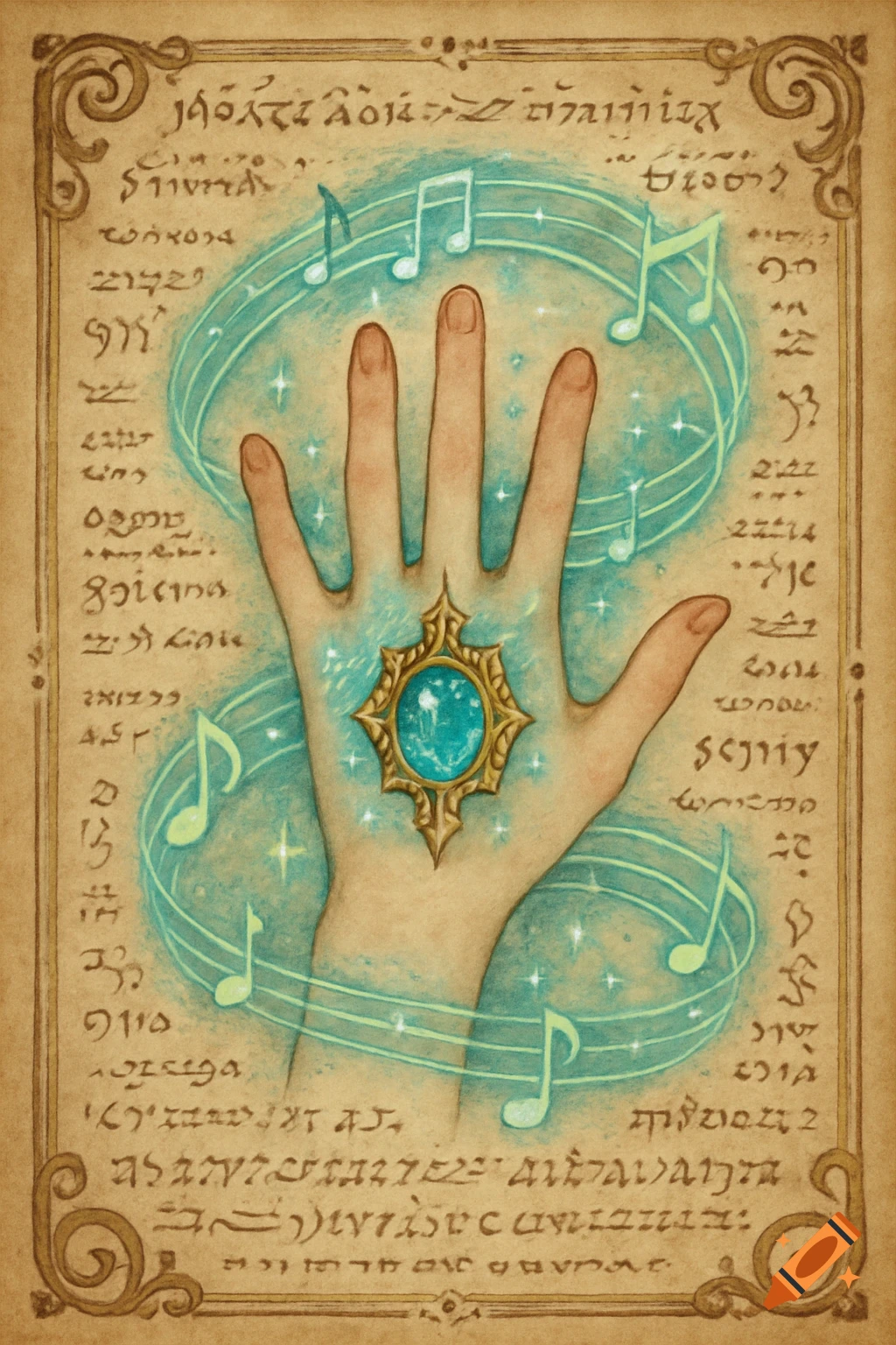 A mystical watercolor illustration on ancient parchment, featuring a ...