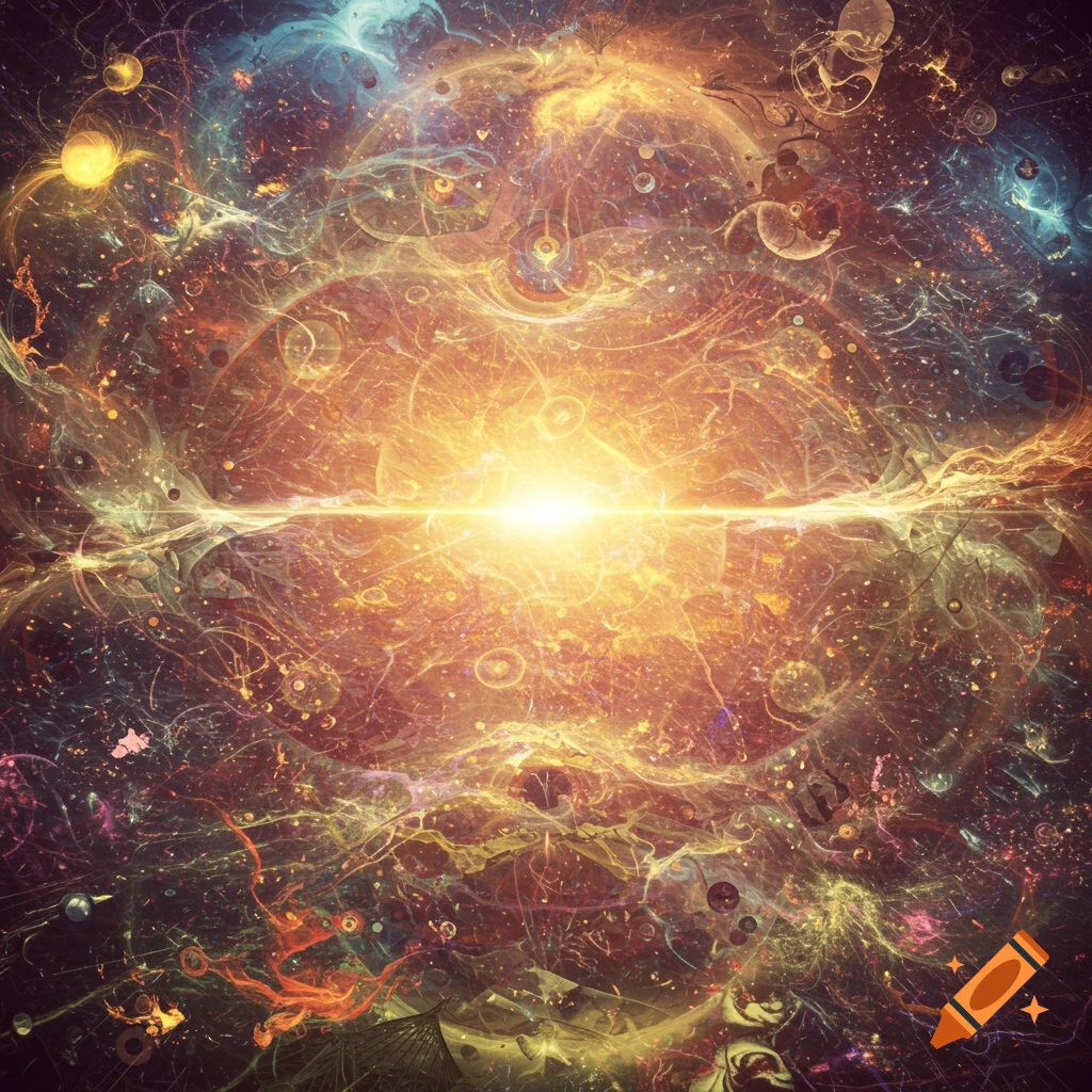 A vibrant abstract cosmic explosion with swirling energy and a bright central light.