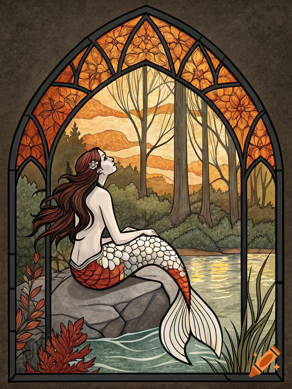 A mermaid with long red hair and a white, orange, and red koi-patterned tail sits on a rock, depicted in a stained glass style within a gothic arch, looking up at a forest and sky.