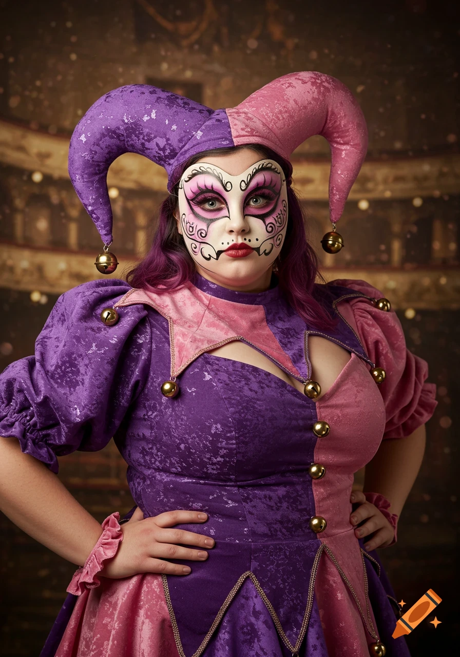 A woman in a purple and pink jester costume with an elaborate white and pink mask and bells, standing against a theatrical background.