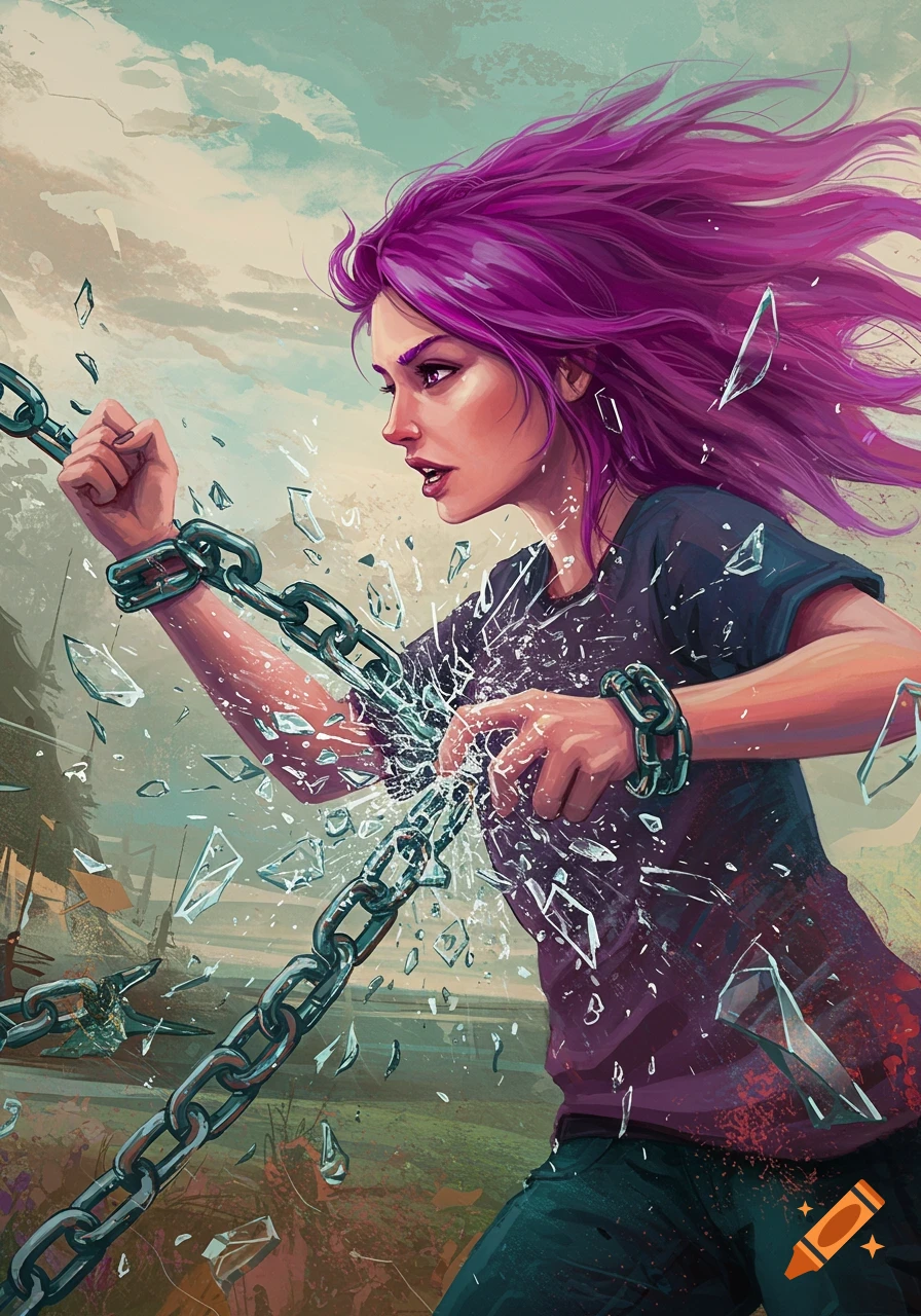 A determined woman with vibrant purple hair shatters metal chains around her arms, surrounded by flying glass shards, in a dynamic illustration.