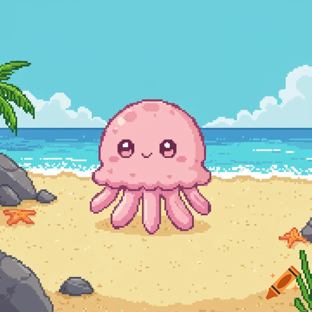 Cute pink pixel art jellyfish on a sandy beach with ocean, rocks, starfish, and a palm tree.