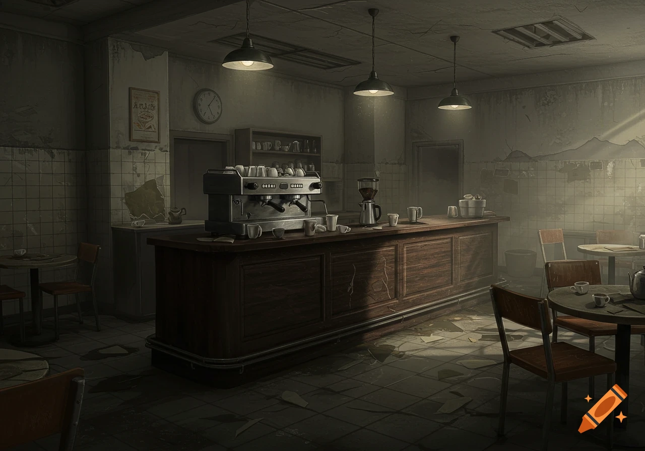 A dark, abandoned coffee shop with an old espresso machine on a wooden counter, scattered debris on the floor, and empty tables and chairs.