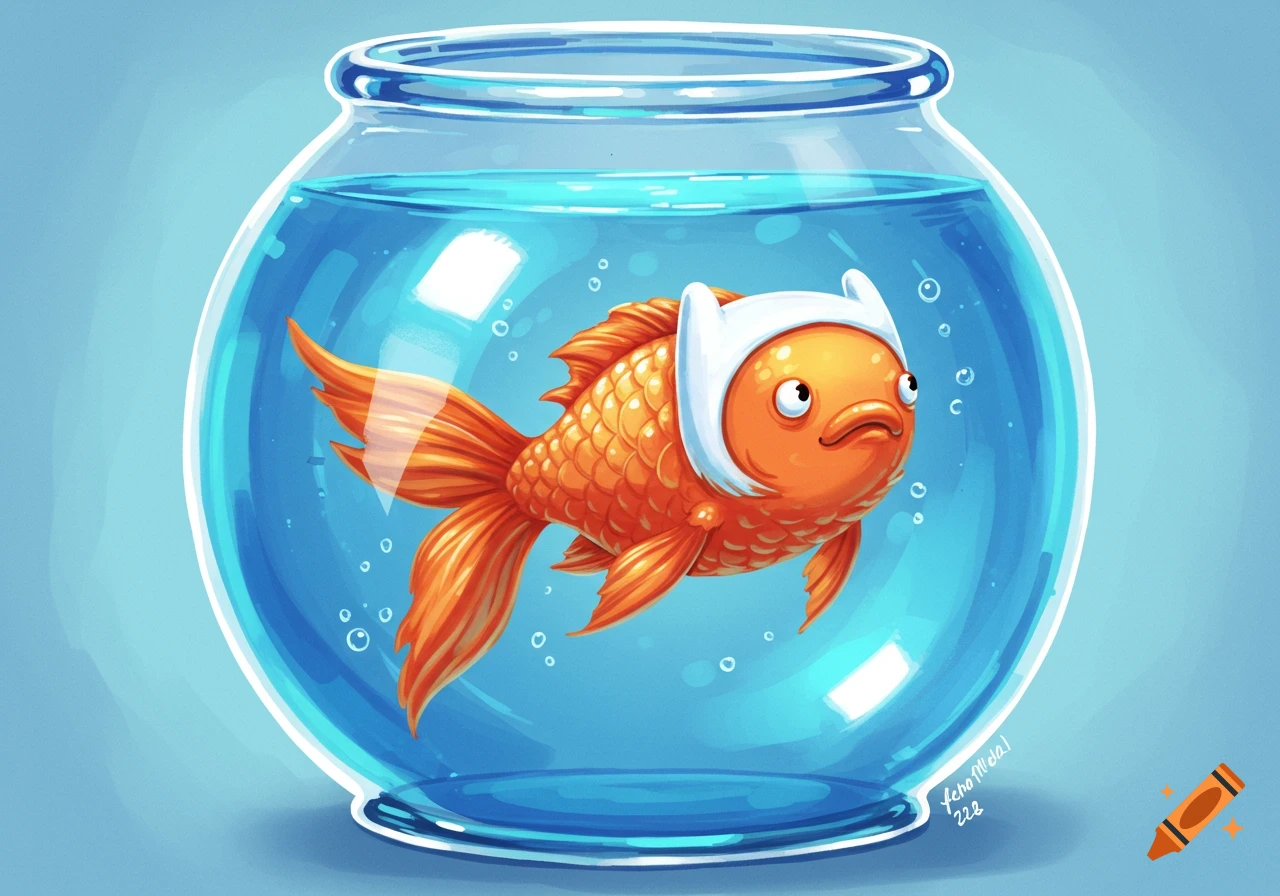 A cartoon goldfish wearing Finn's white hat swims in a blue fishbowl.