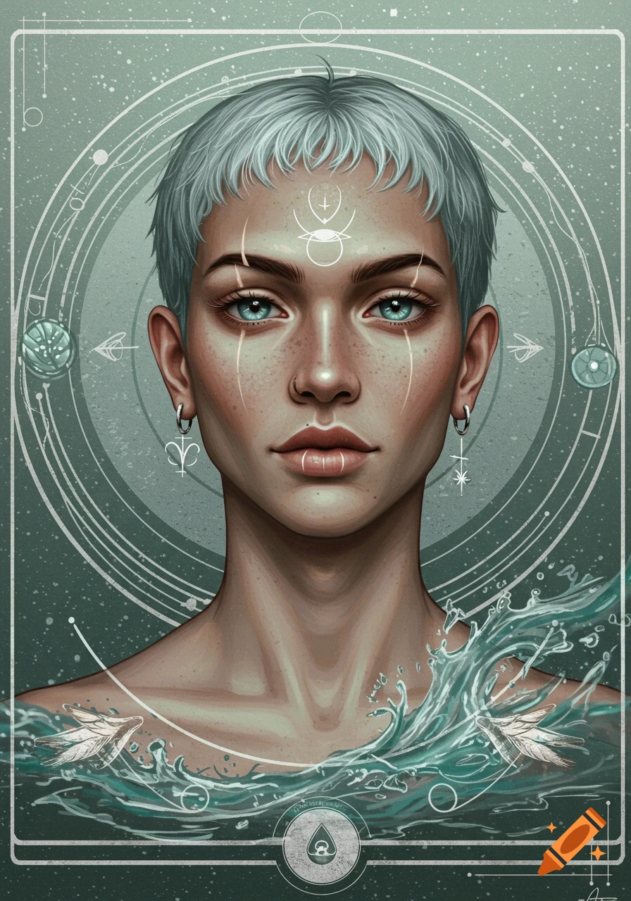 An androgynous person with short silver hair and blue eyes, surrounded by symbolic white lines and water splashes, in an ethereal Art Nouveau style.