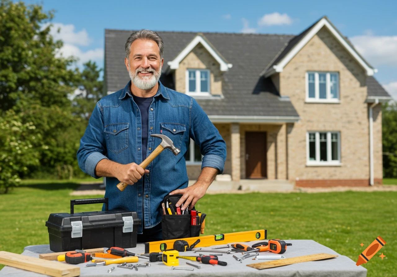 A smiling man holding a hammer with construction tools on a table in front of a house.