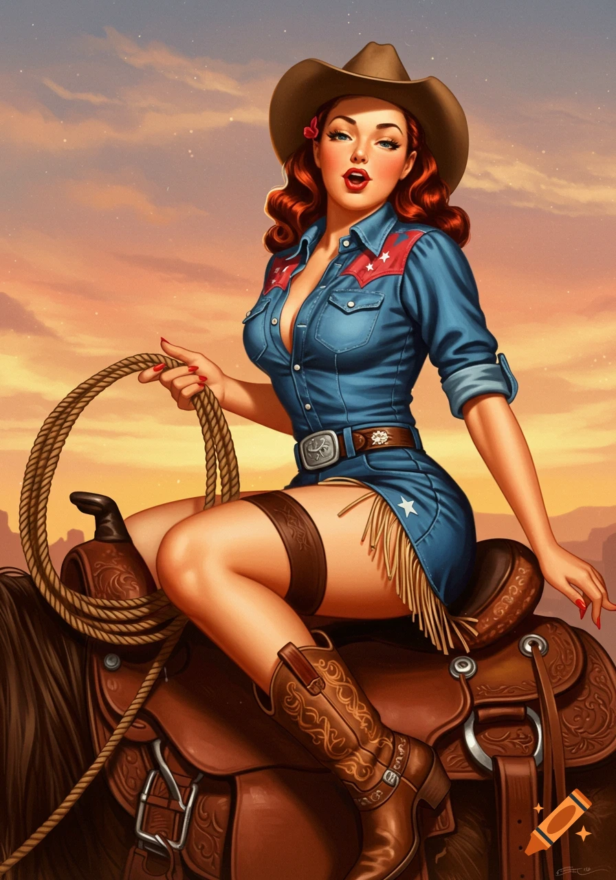 A vintage pin-up style illustration of a cowgirl with red hair, wearing a denim shirt and chaps, sitting on a horse and holding a lasso at sunset.
