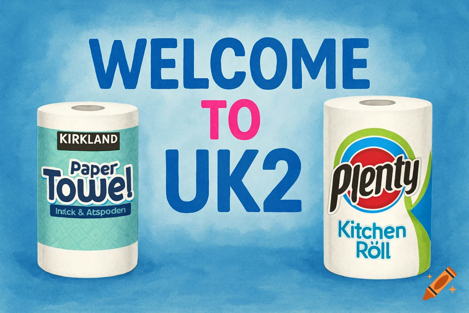 Graphic illustration of two rolls of paper towel, Kirkland and Plenty brands, with text "WELCOME TO UK2" on a blue background.