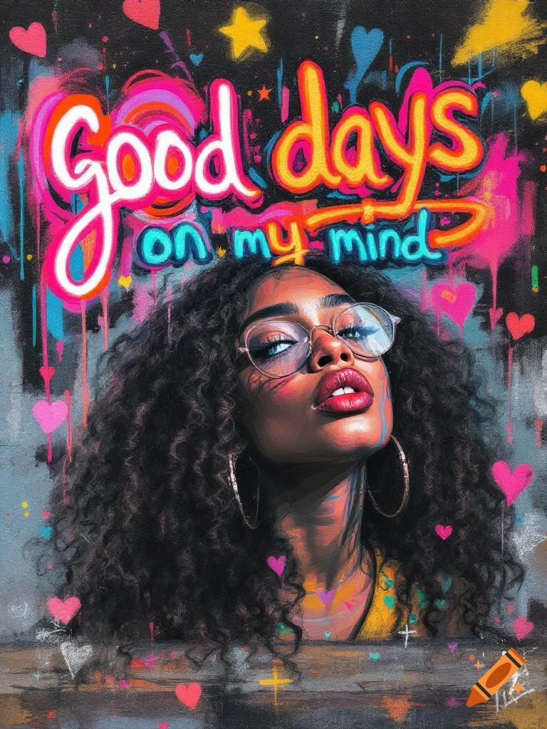 Vibrant chalk art portrait of a woman with curly hair and glasses, with 'Good days on my mind' graffiti text, hearts, and stars.