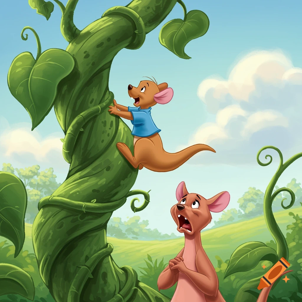 Roo climbs a giant beanstalk as Kanga looks up in horror in a vibrant cartoon style.