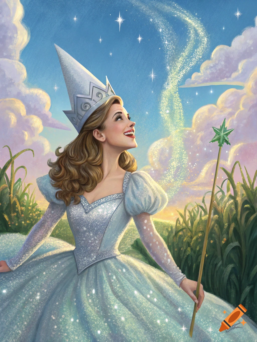 Ariana Grande as Glinda in a sparkling gown, holding a star wand, looking up at magical sparkles in a whimsical fairytale landscape.