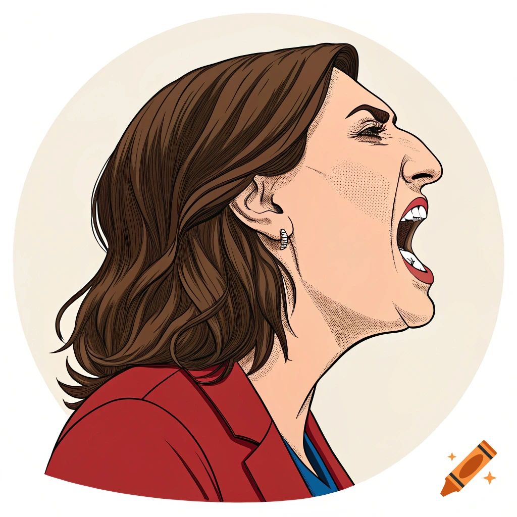 Side profile illustration of a woman with brown hair, in a red jacket, shouting with her mouth wide open.