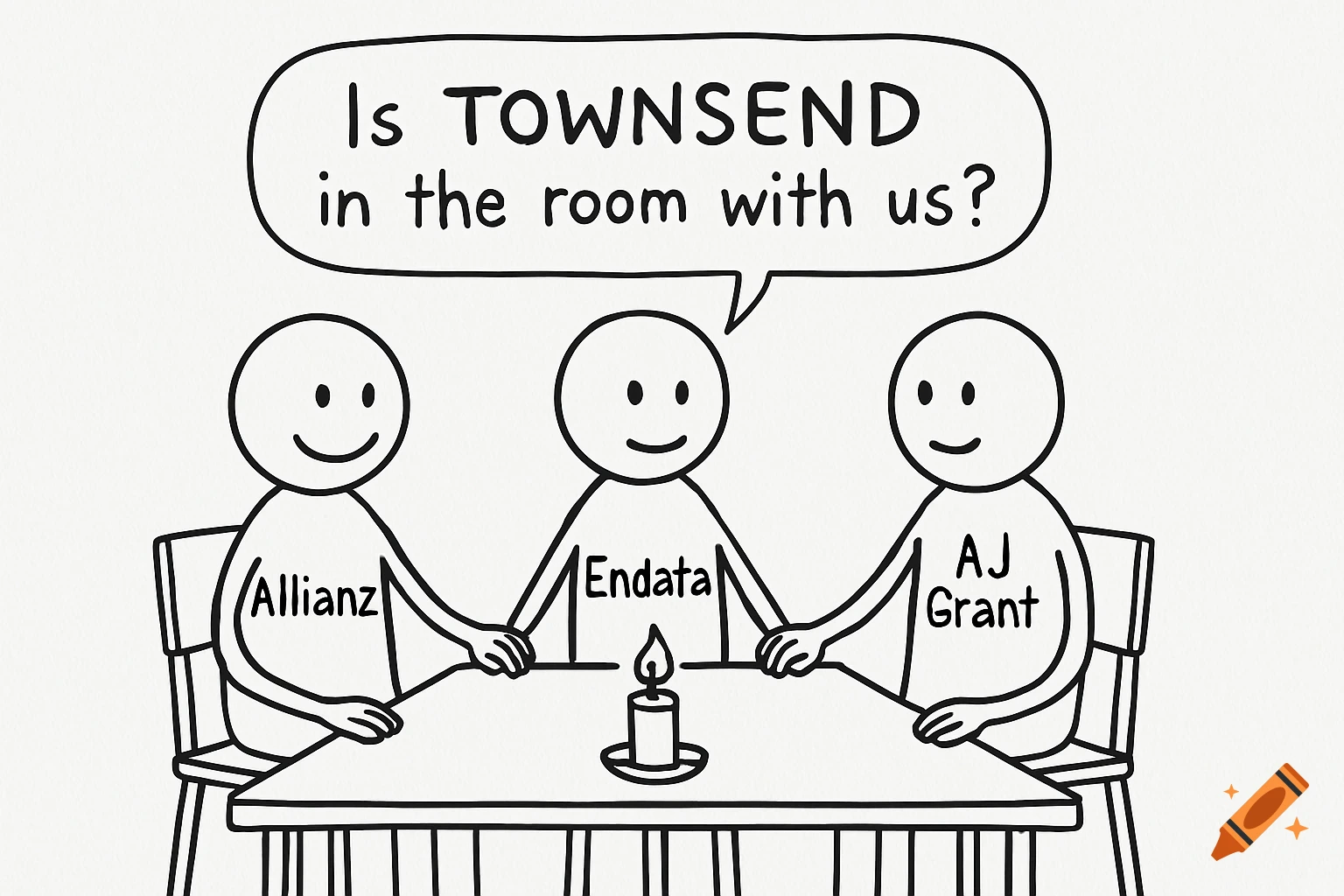 Cartoon of three stick figures labeled Allianz, Endata, AJ Grant at a seance table asking, 'Is TOWNSEND in the room with us?'