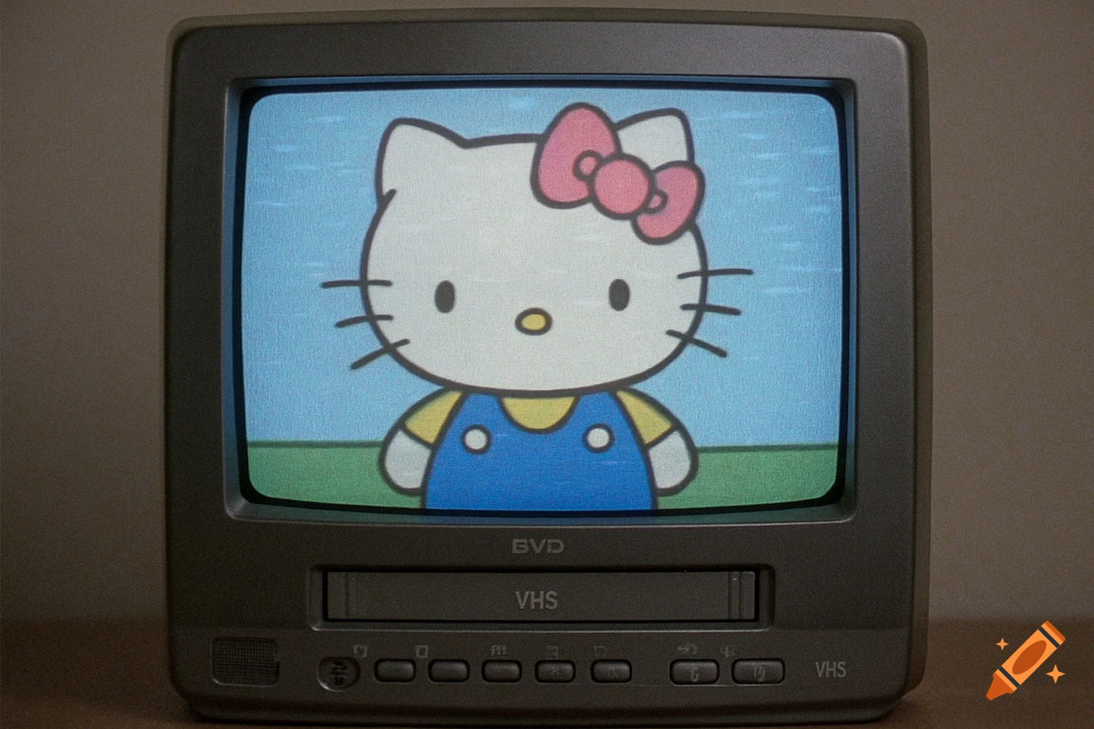 A CRT television displaying a cartoon of Hello Kitty, with a grainy VHS tape effect.