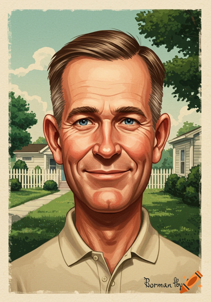 A smiling man with brown hair and blue eyes in a vintage style illustration, set against a suburban background with a house and picket fence.