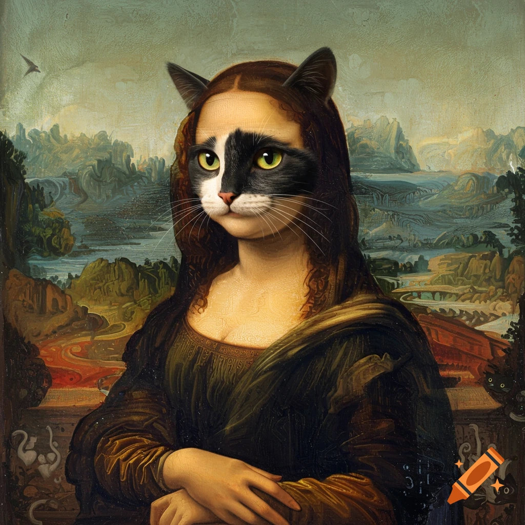 A surreal portrait of the Mona Lisa with a black and white cat's face, set against a classic landscape background in a painterly style.