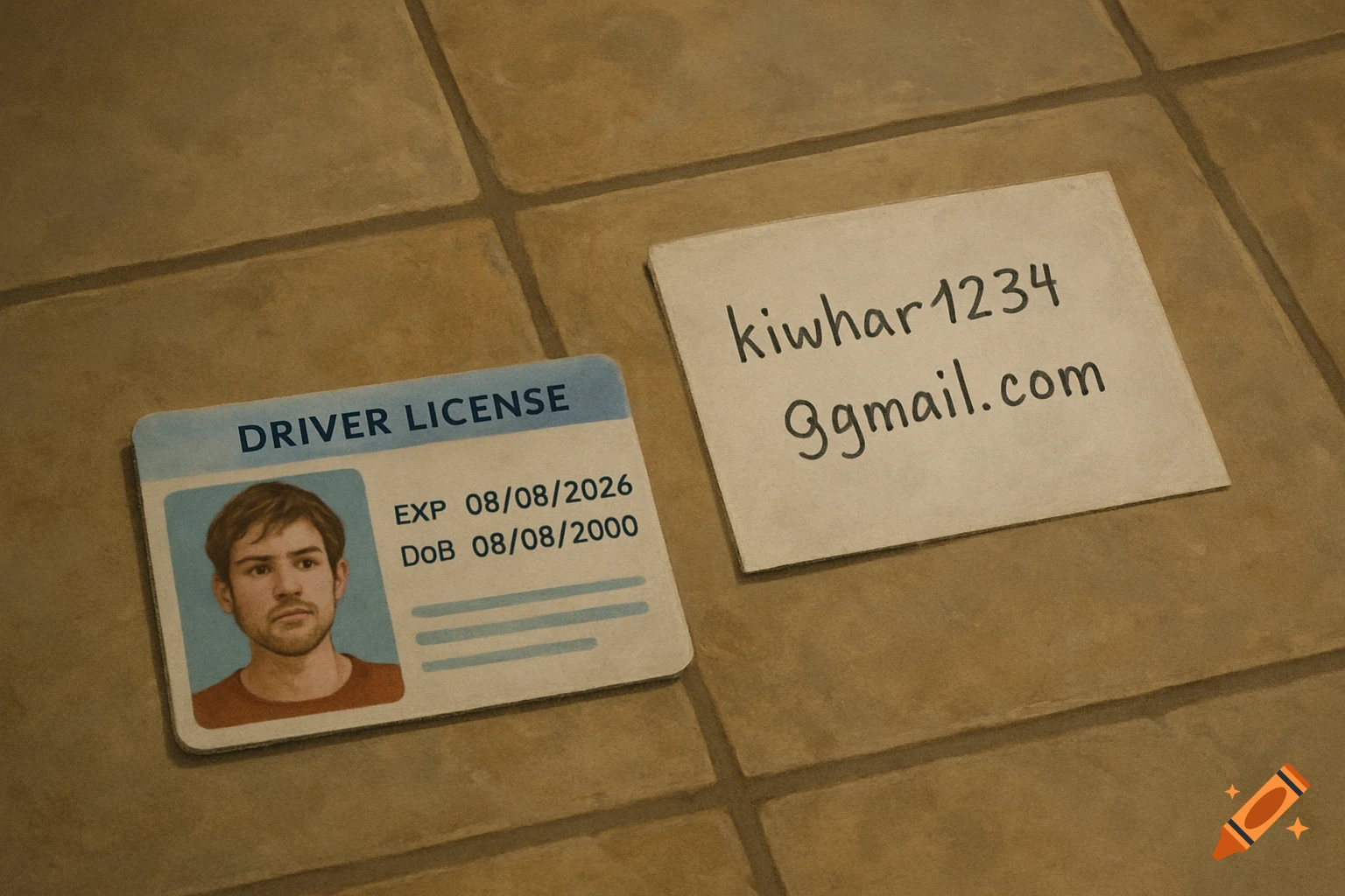 A driver's license and a sheet of paper with an email address on it lie on a tiled floor, depicted in an illustrative style.