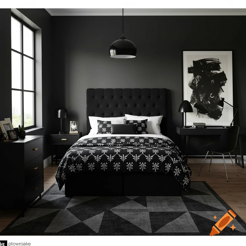 A modern black bedroom with a large window, tufted headboard, patterned bedding, and a black desk with an abstract painting.