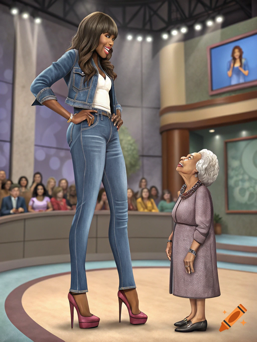 A tall woman in a denim jacket and jeans smiles down at a tiny older woman on a TV show stage.