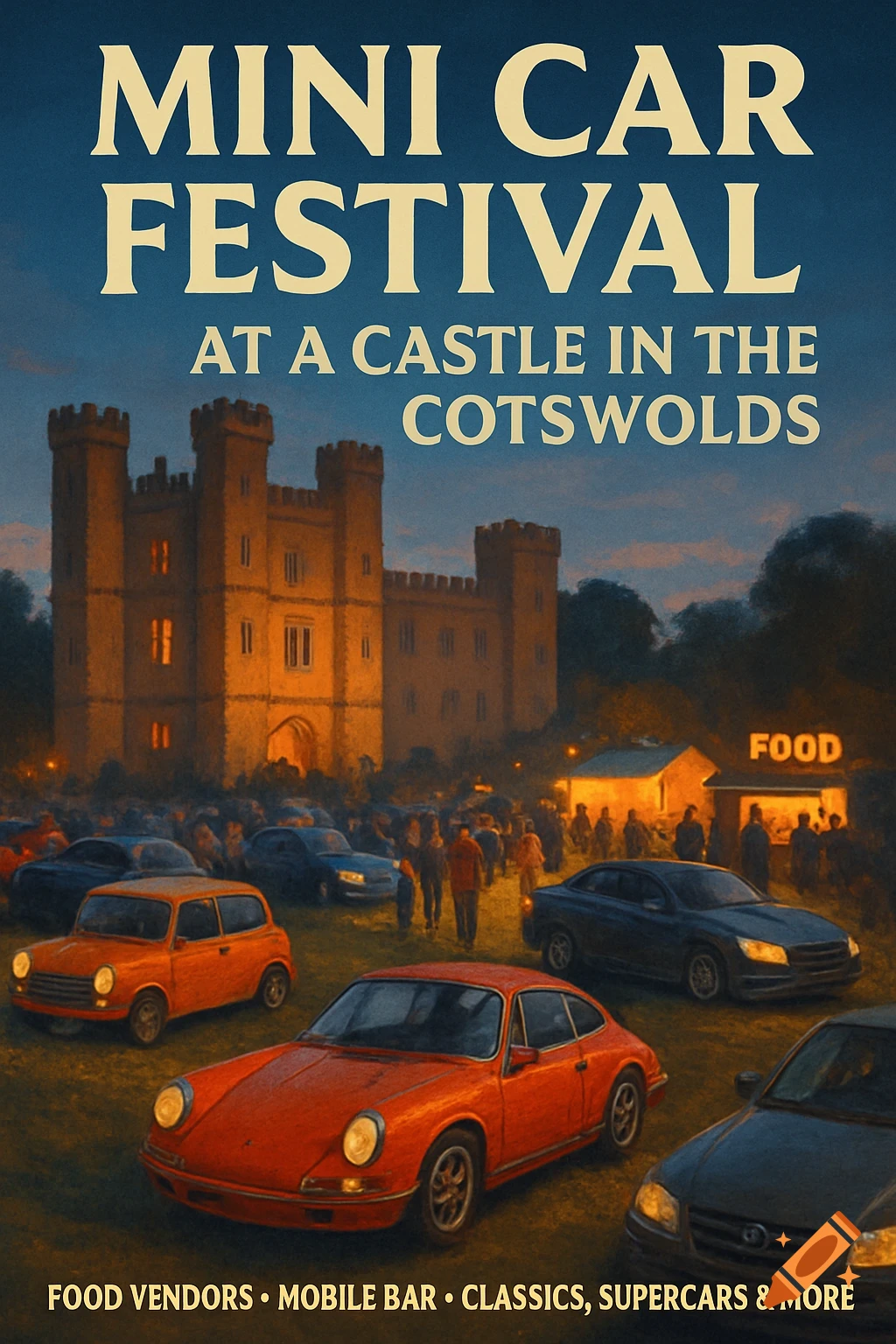 A poster for a Mini Car Festival at a castle in the Cotswolds, featuring classic cars, a crowd, and food stalls at dusk.
