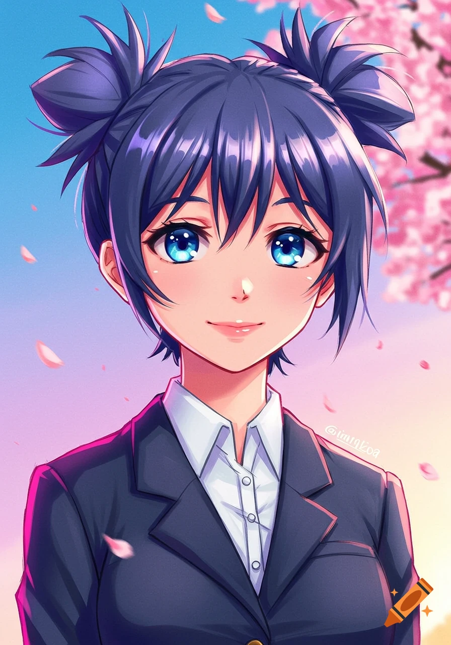 Anime girl with blue hair in twin buns and bright blue eyes, wearing a school uniform, under a cherry blossom tree.