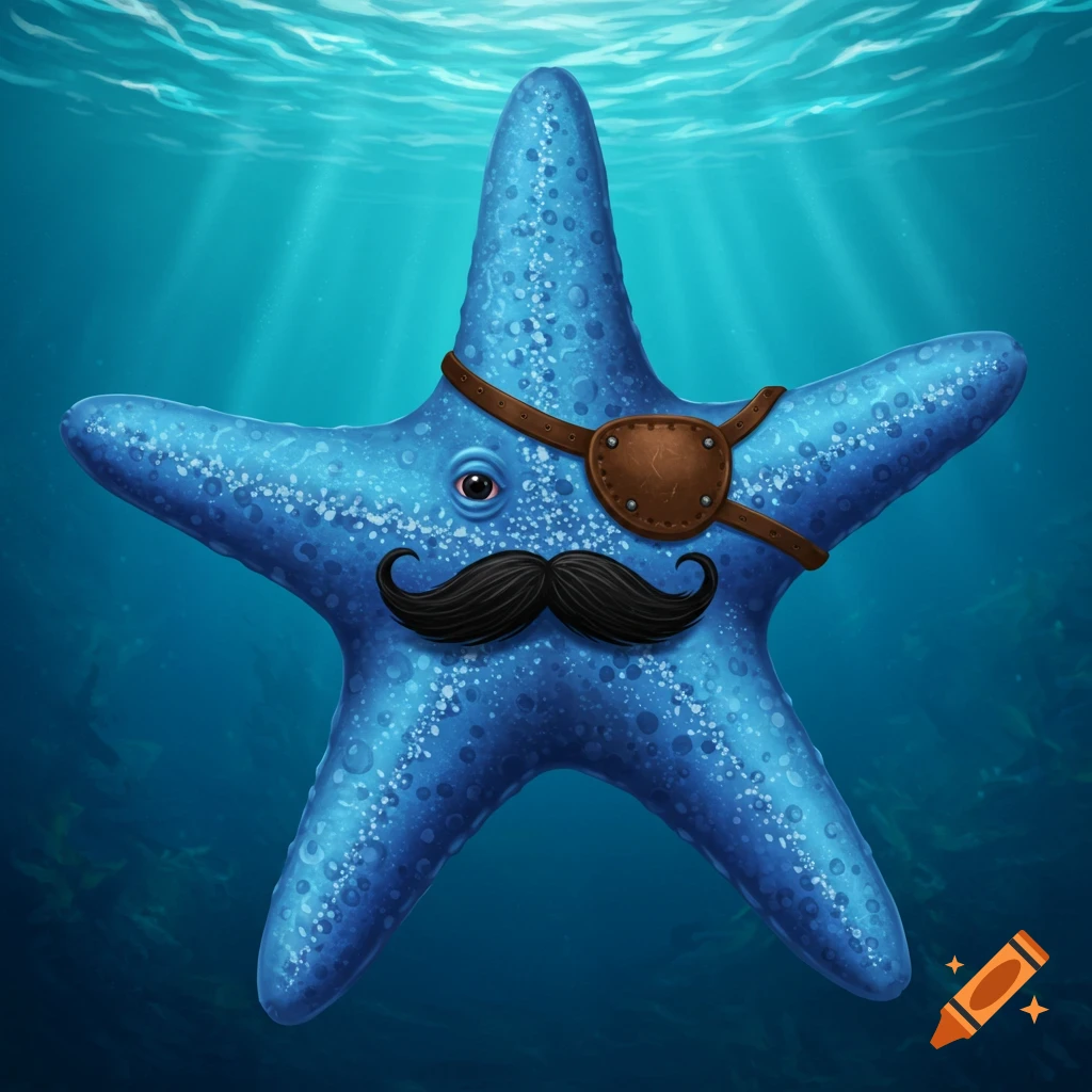 A blue starfish with a black mustache and an eyepatch floats underwater in a cartoon style.