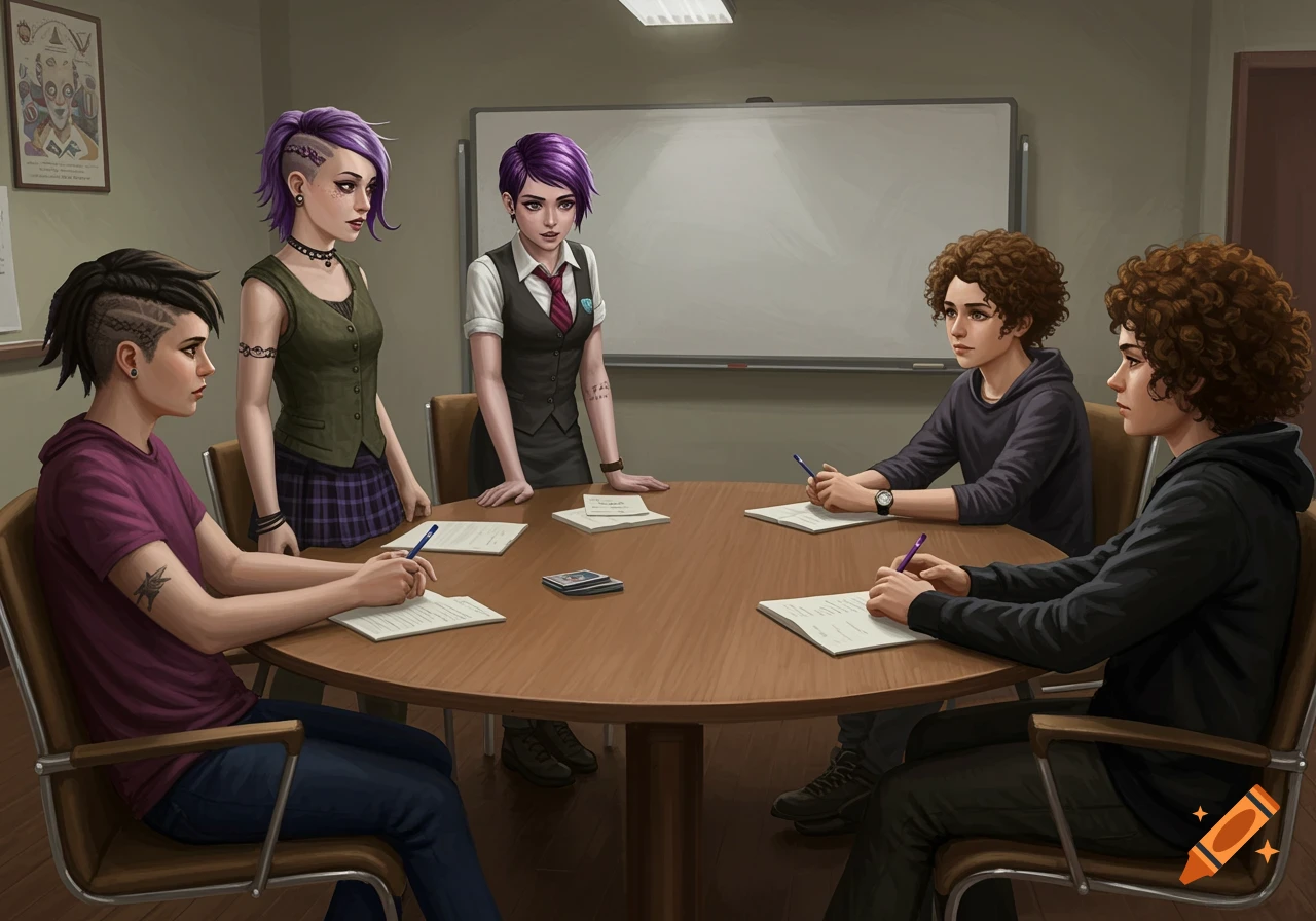 An illustration of five young adults, some with purple or curly hair, seated and standing around a round wooden table in a meeting room, taking notes.