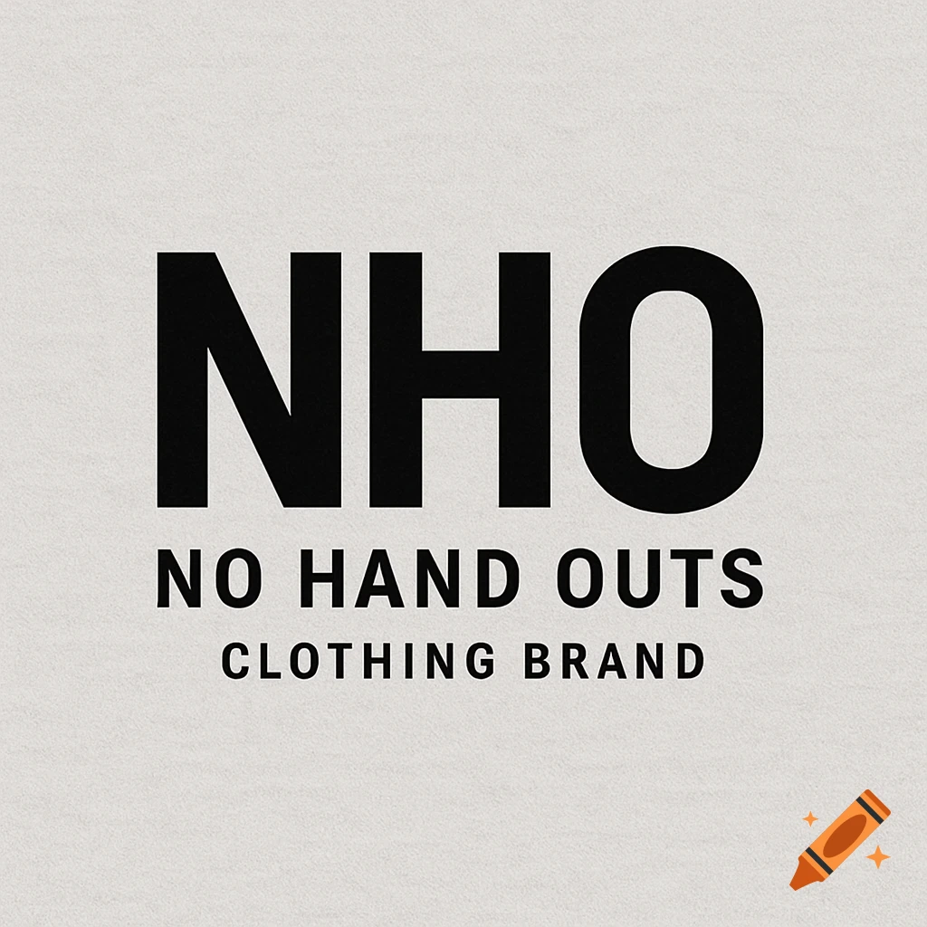 Black NHO, No Hand Outs, Clothing Brand logo on a textured light gray background.