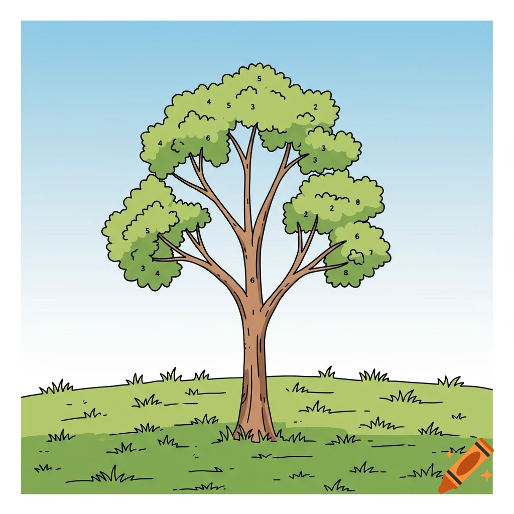 A cartoon-style paint by number tree with numbers on its leaves and trunk, standing on a grassy hill under a blue sky.