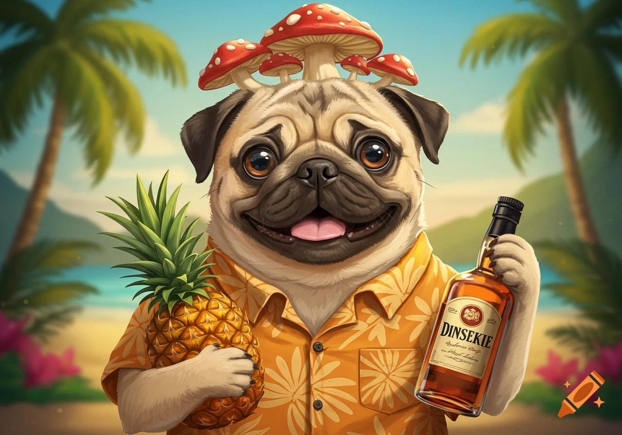 A happy pug wearing a mushroom crown and tropical shirt holds a pineapple and a liquor bottle on a beach.