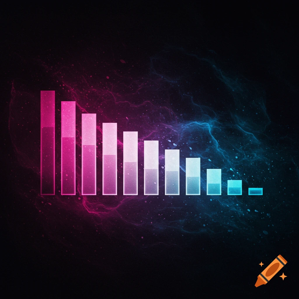 A series of glowing, abstract bars descending in height, against a dark background with swirling pink and blue light.