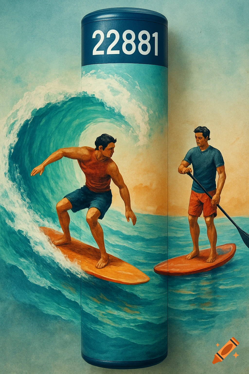 Two men surf and paddleboard on a giant blue cylinder with '22881' on it, in a painterly style.
