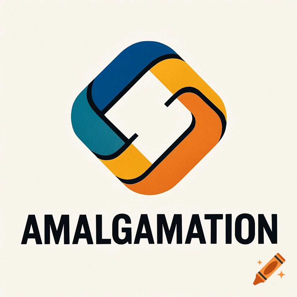 Abstract logo with intertwining blue, teal, yellow, and orange shapes above  the word AMALGAMATION on an off-white background. on Craiyon, image size:1024x1024
